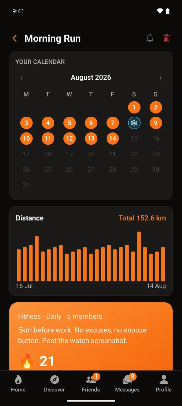 A StreakParty streak: the August calendar with completed days in orange and one day marked with a blue snowflake where a freeze was used, above a chart of the distance run each day totalling 152.6 km.